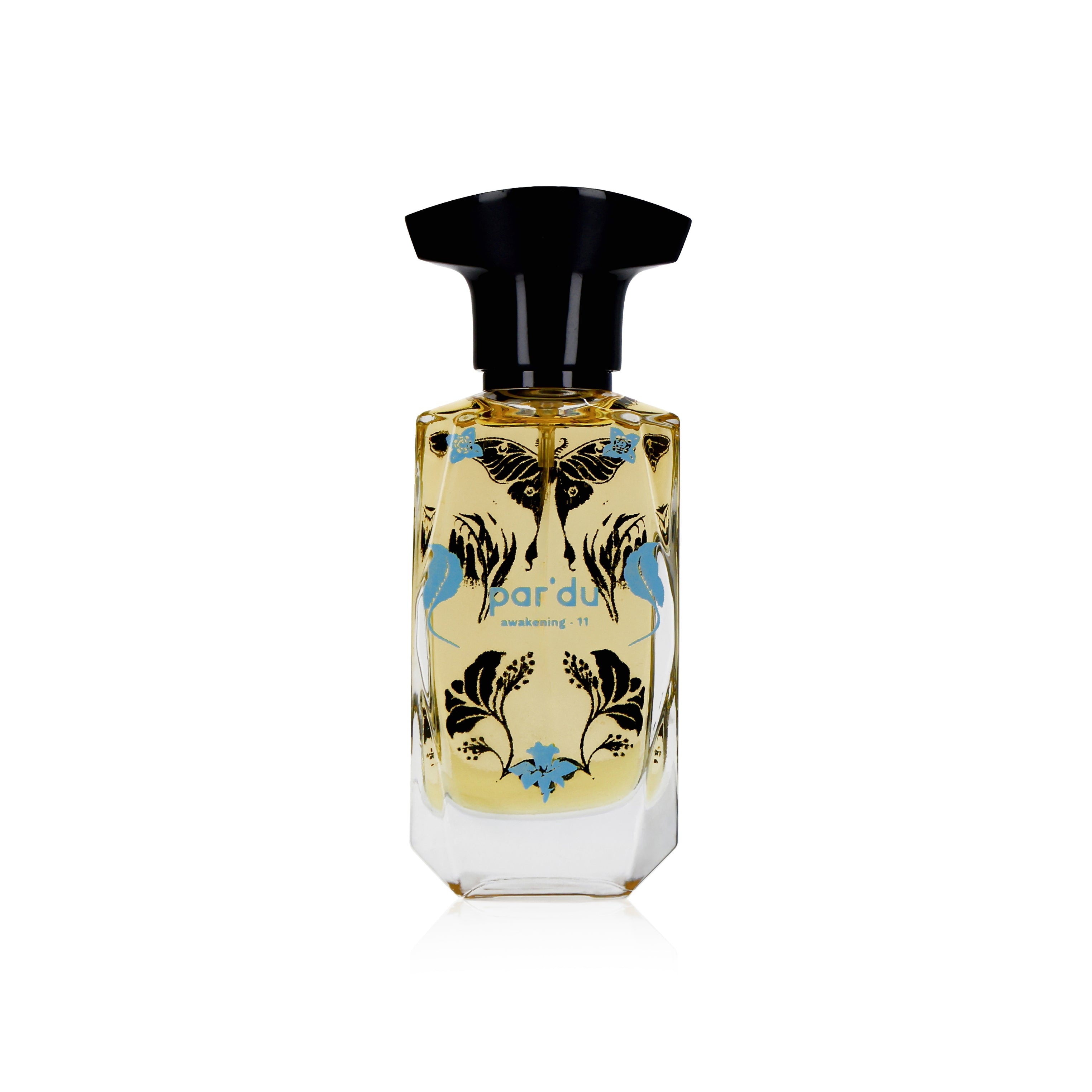 Perfume bottle with butterfly design on a white background