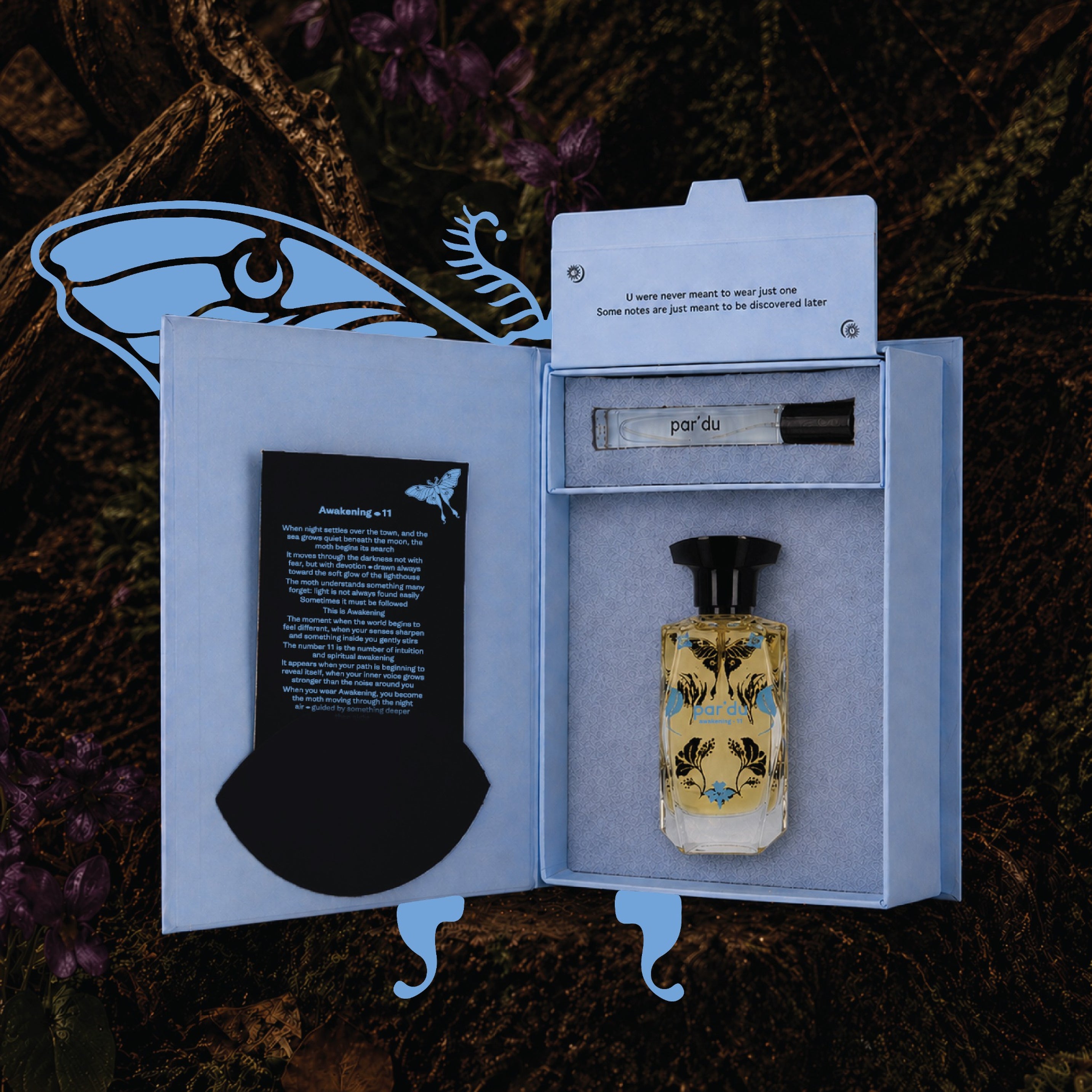 Perfume bottle with packaging on a textured background
