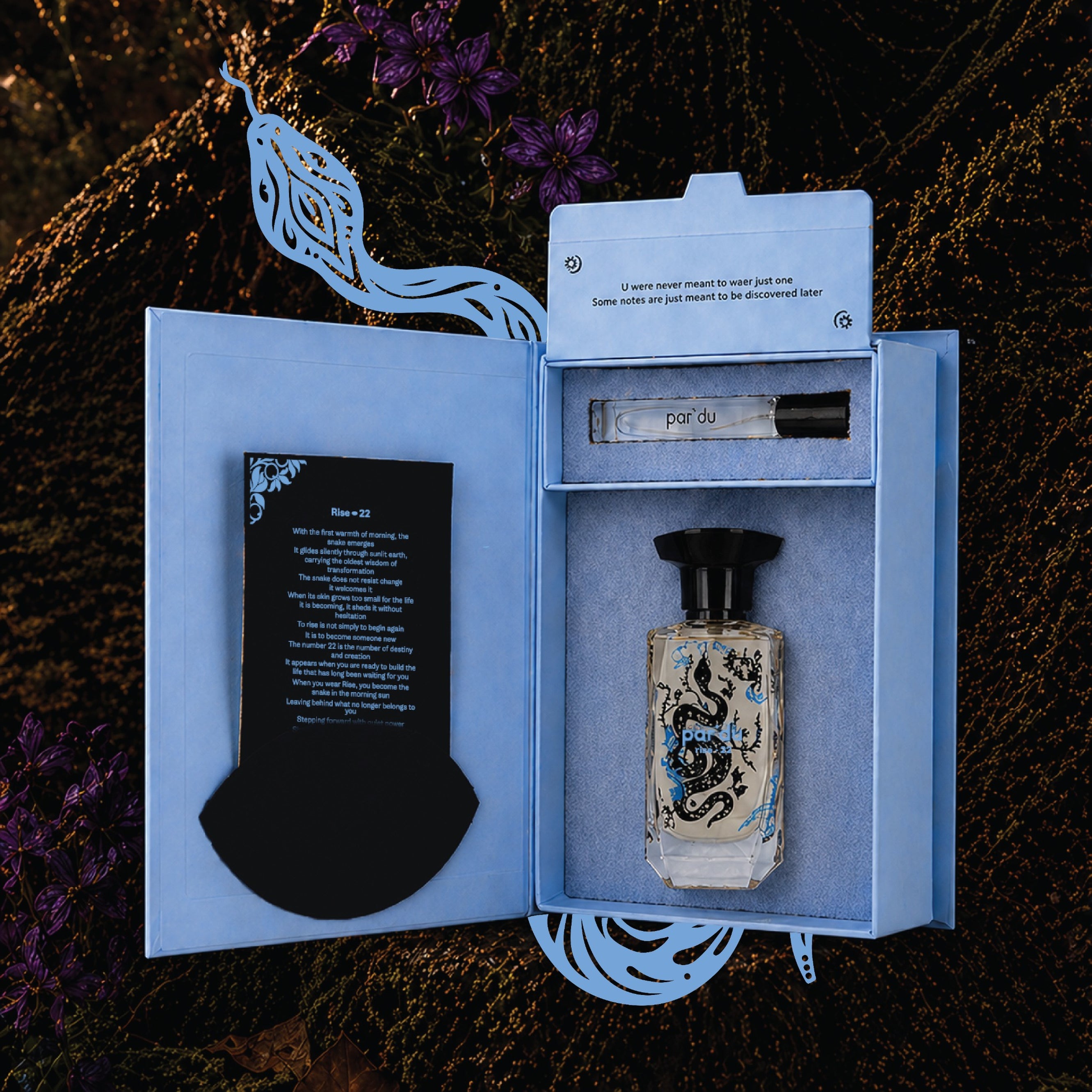 Perfume bottle with packaging and accessories on a textured surface
