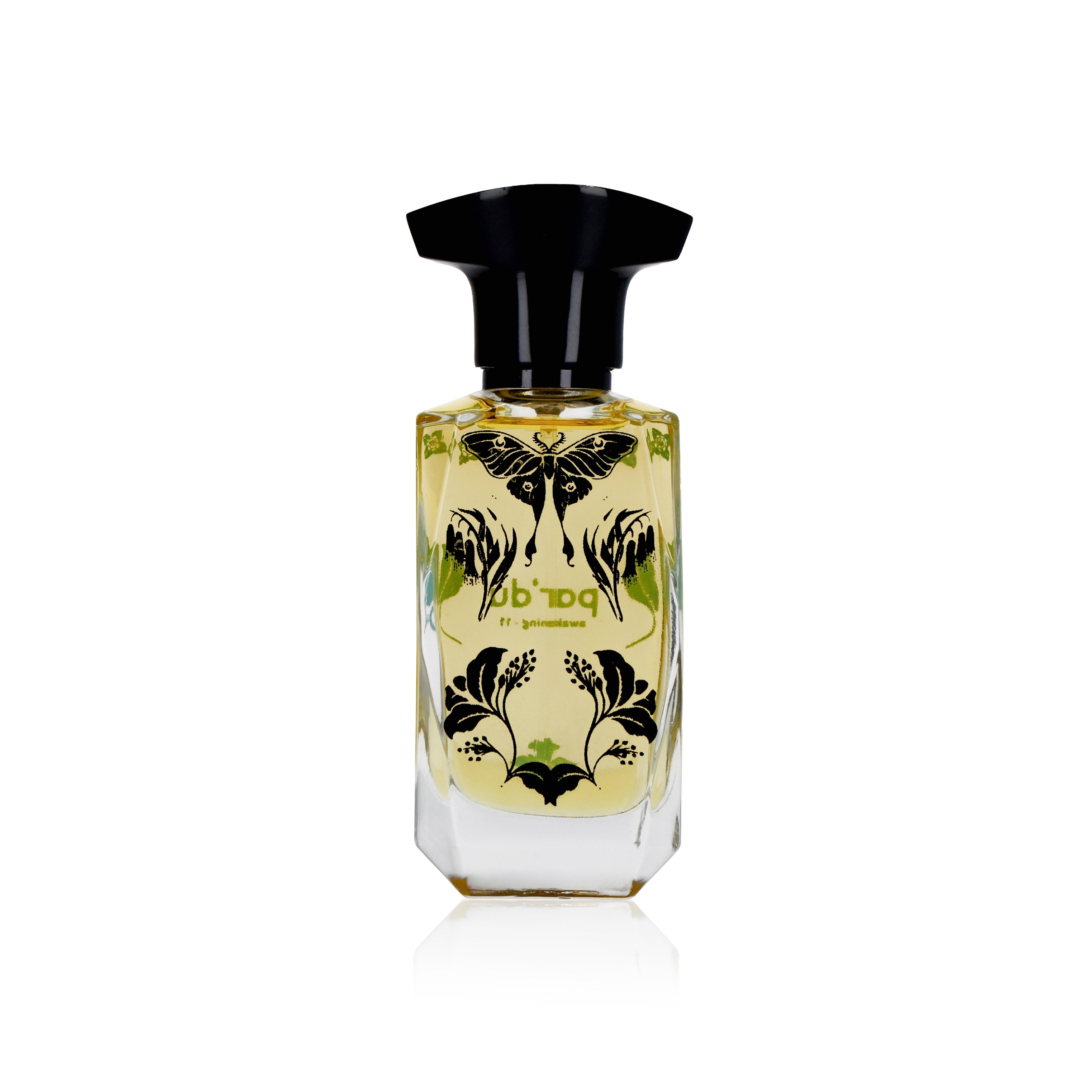 Perfume bottle with decorative label on a white background