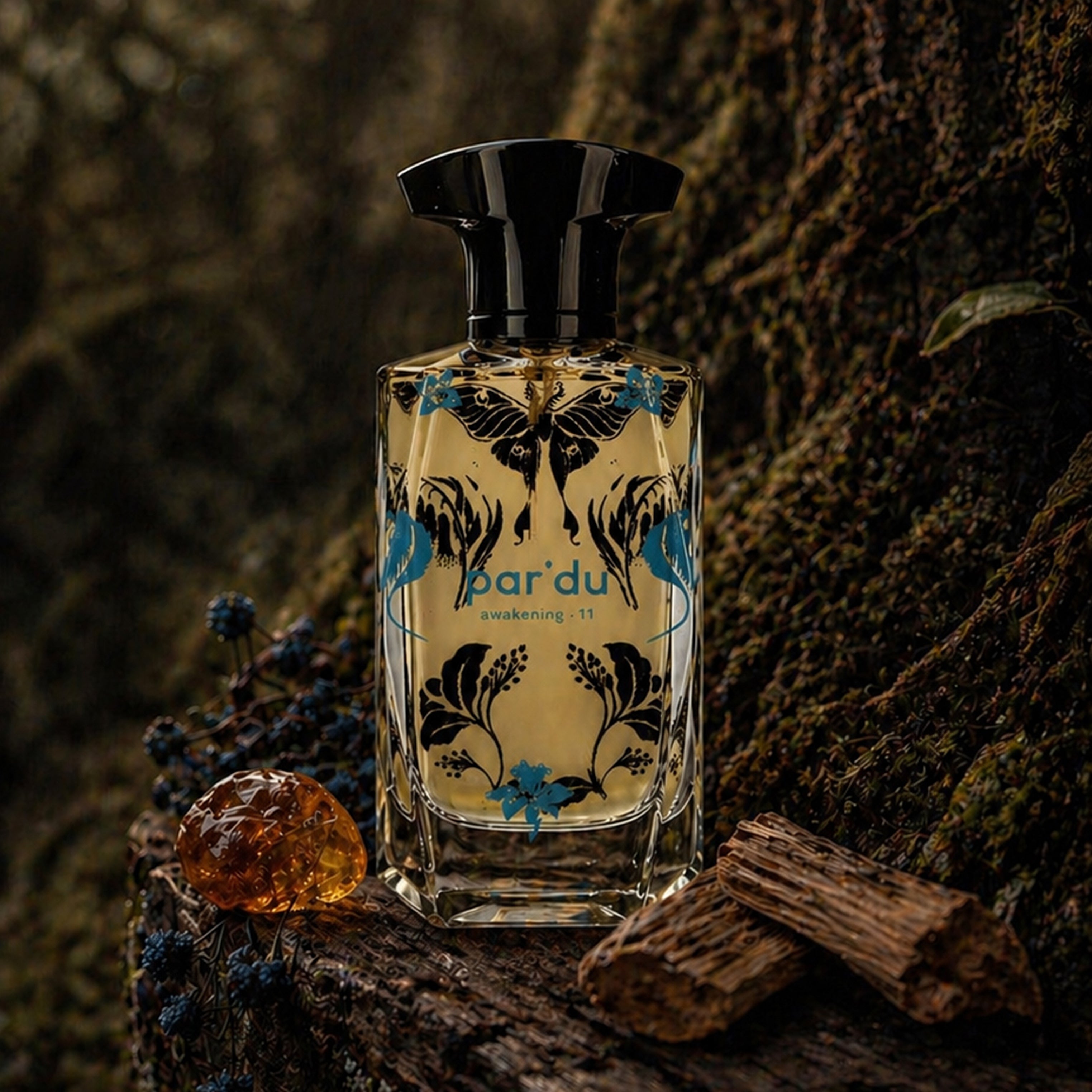 Perfume bottle with floral design on a wooden surface