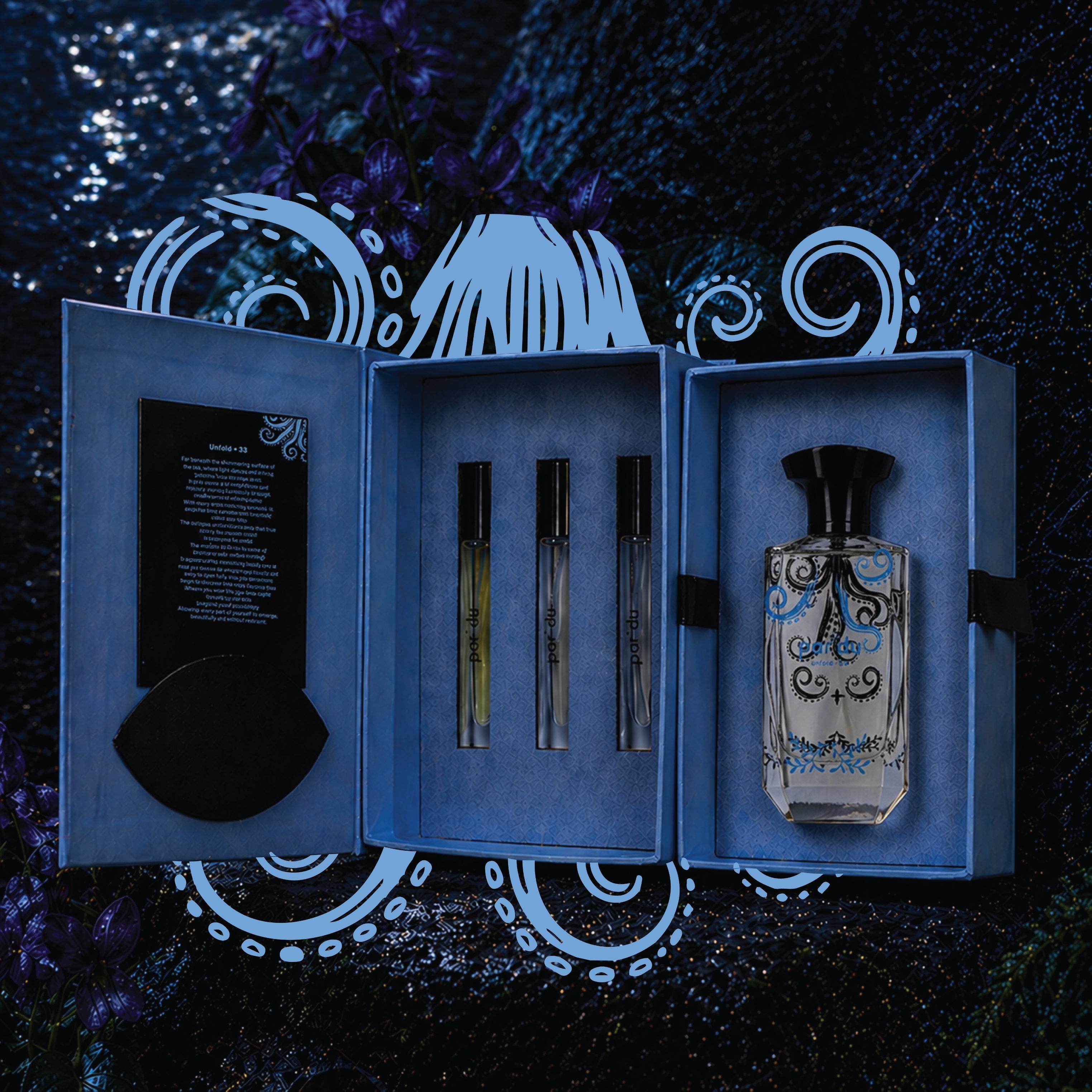 Perfume set with a bottle and two small bottles in an open blue box on a dark background.