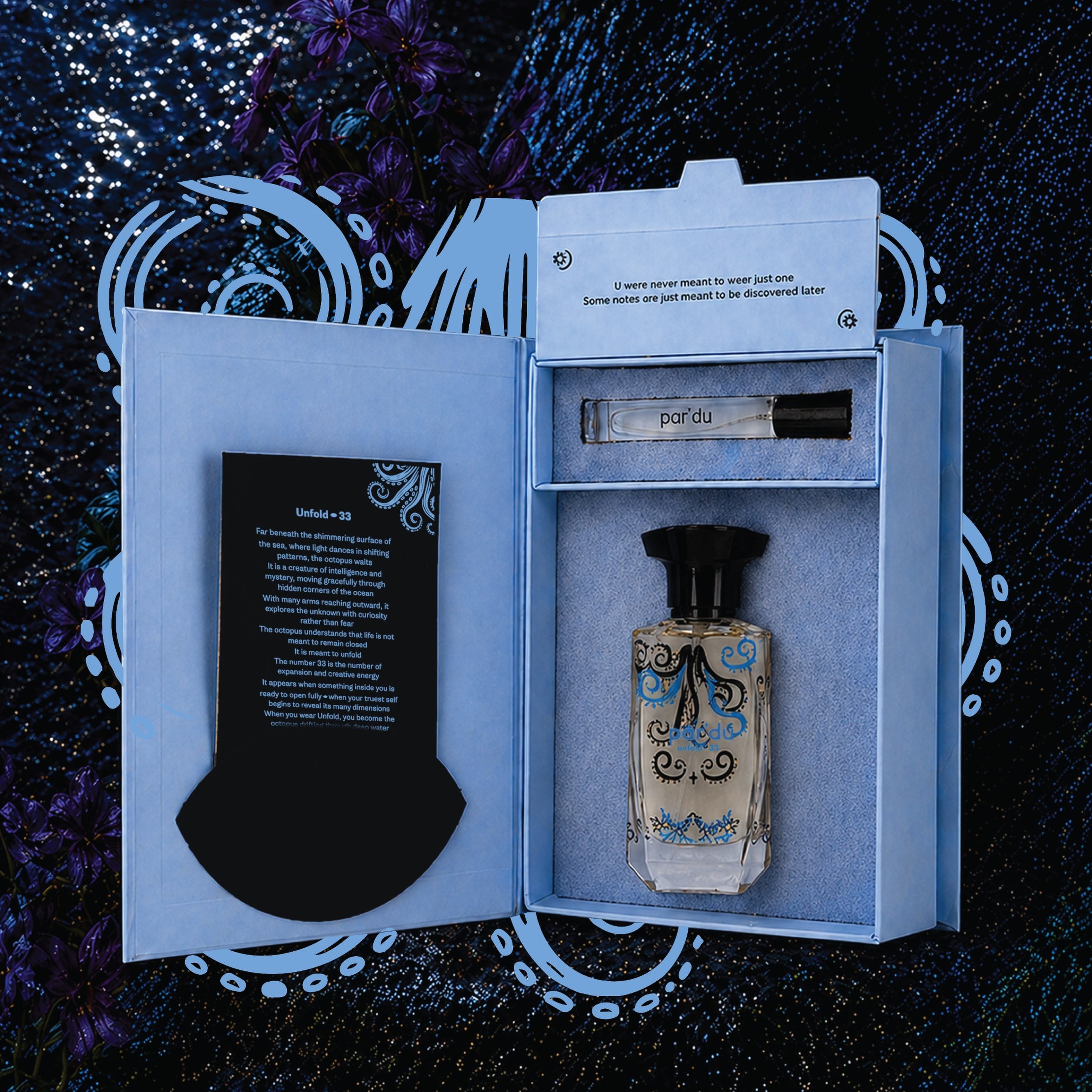 Perfume set with a bottle and packaging on a dark background
